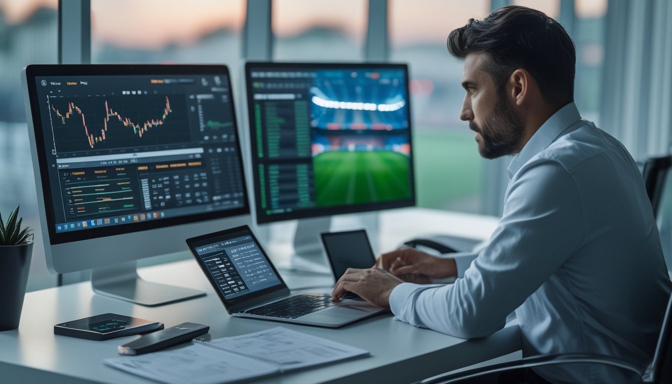 Seorang analis mempelajari data pertandingan sepak bola di laptop dengan bola dan catatan di meja.