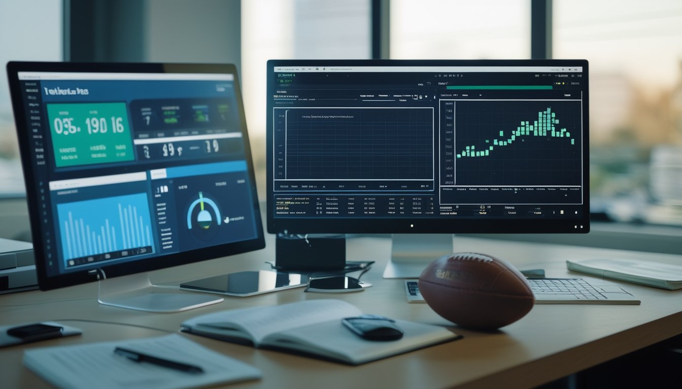 Meja kerja analis dengan layar berisi grafik statistik pertandingan sepak bola, bola, laptop, dan kalkulator.
