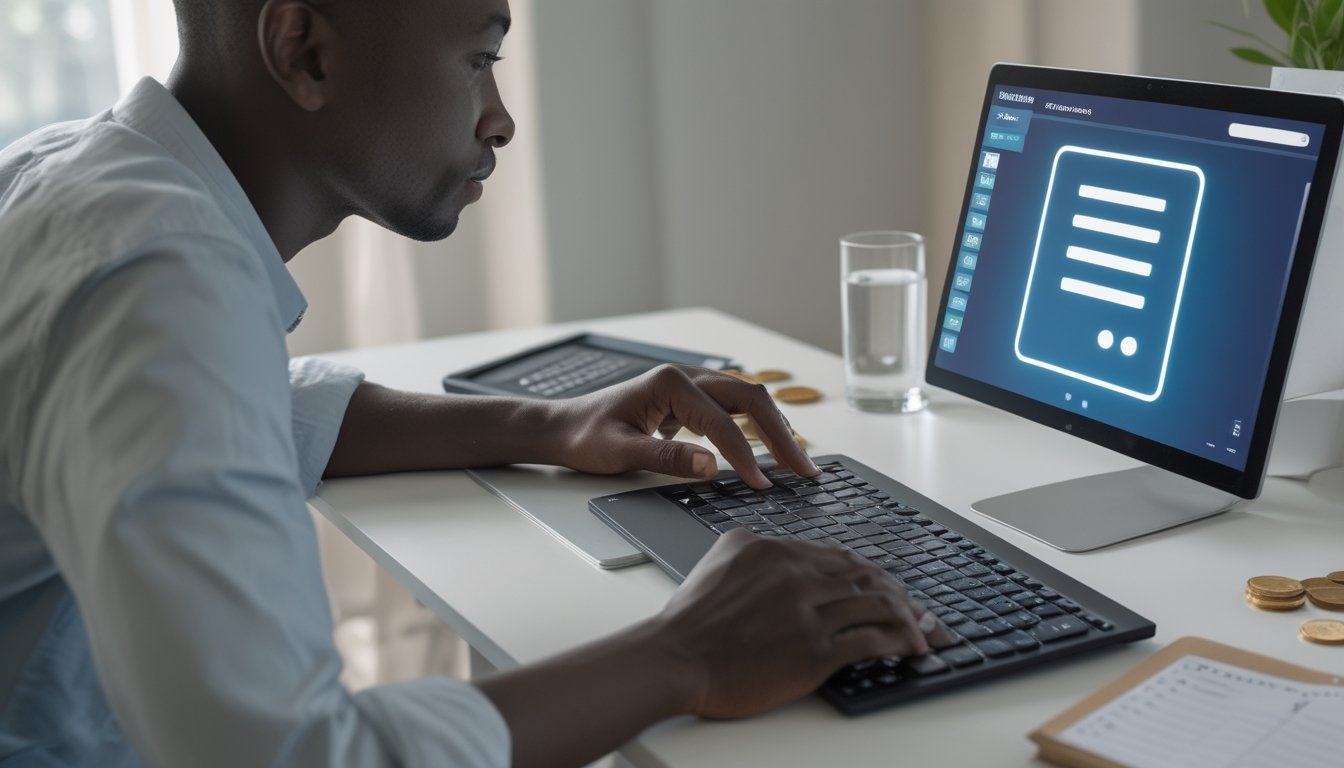 Orang dewasa meninjau keuangan di depan laptop dengan kalkulator, catatan kosong, dan dompet.