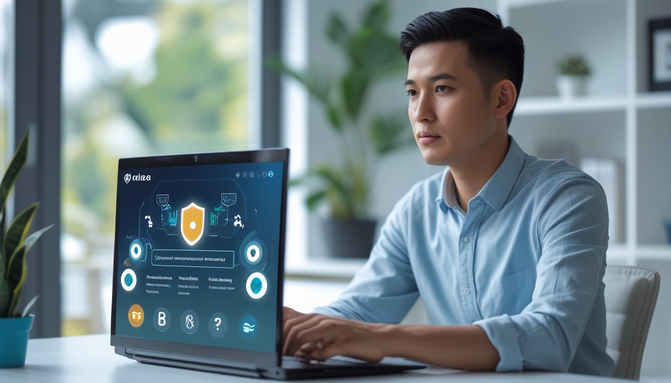 Seorang pemain dewasa memeriksa platform taruhan online dengan tanda keamanan dan verifikasi di ruang kerja modern.
