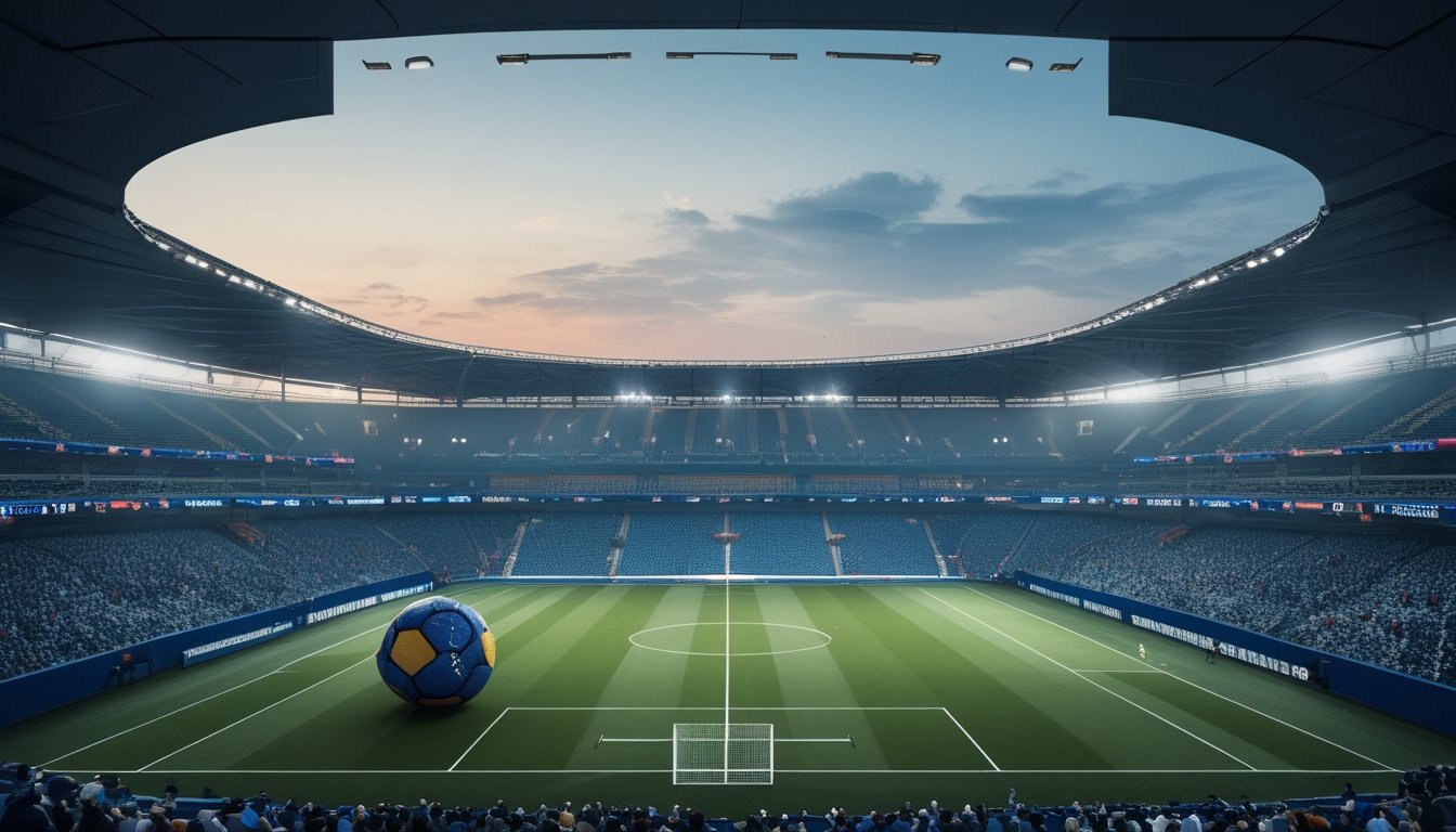 Suasana stadion sepak bola modern di Asia dengan penonton dewasa, lapangan yang terang, dan ponsel berisi tampilan pertandingan abstrak.