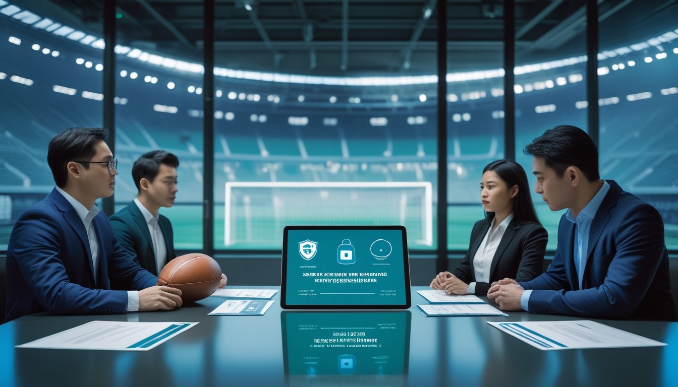 Para profesional meninjau keamanan dan kepatuhan platform taruhan sepak bola di ruang kerja modern dengan stadion di latar belakang.