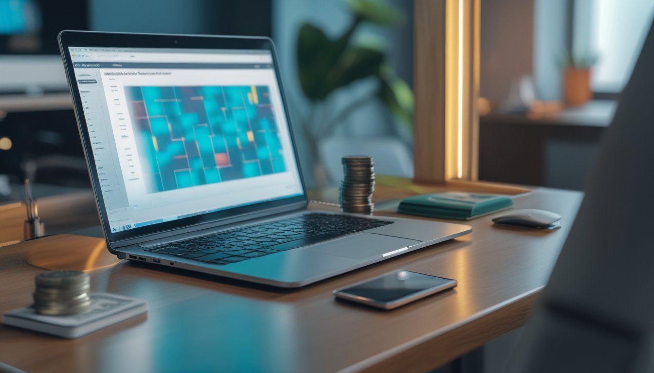 Laptop dan ponsel dengan tampilan digital abstrak, kalkulator, kartu pembayaran, dan tumpukan koin di meja kerja modern.