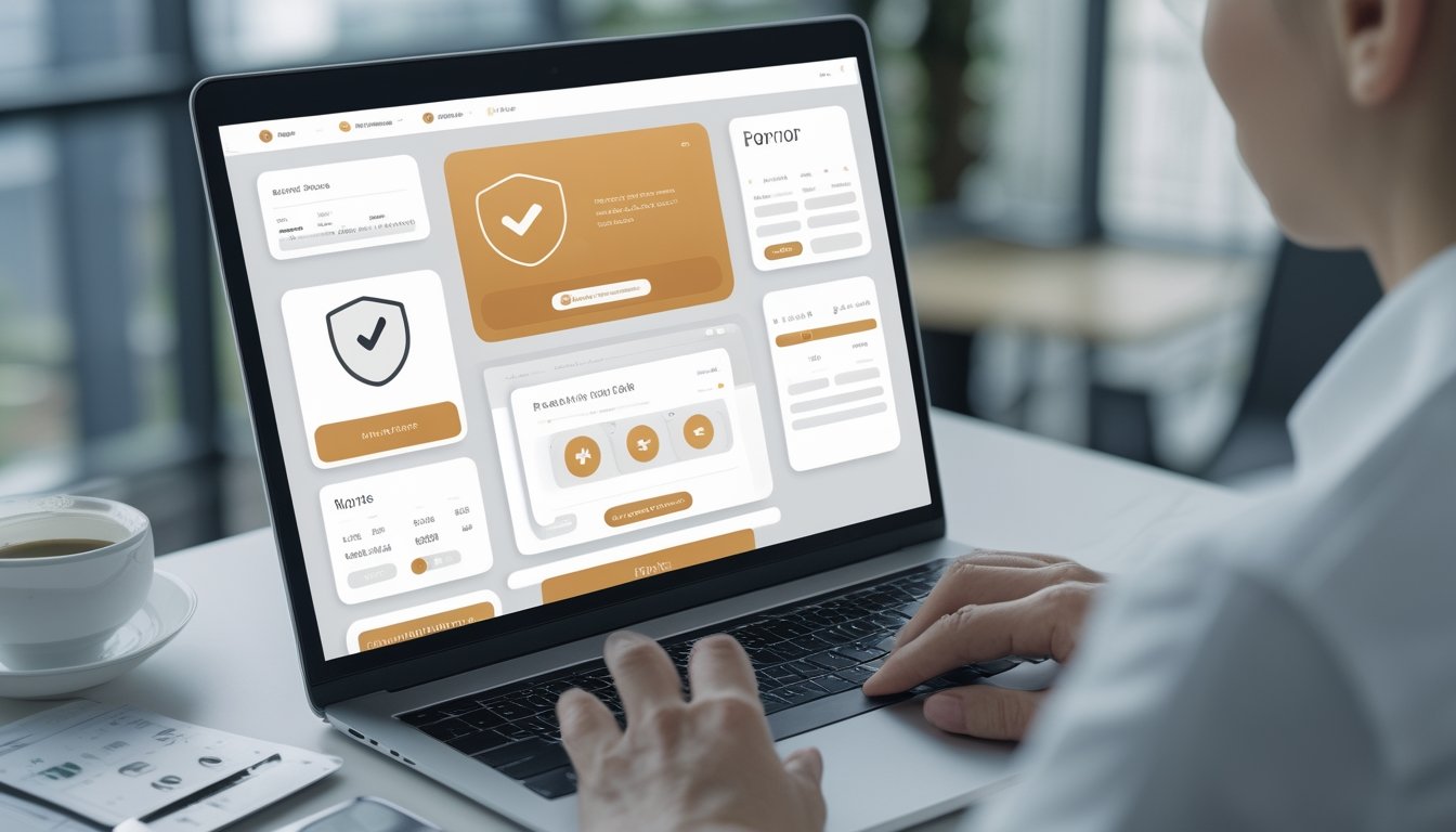 Seseorang membandingkan platform taruhan online pada laptop dengan simbol keamanan dan pembayaran di meja kerja.