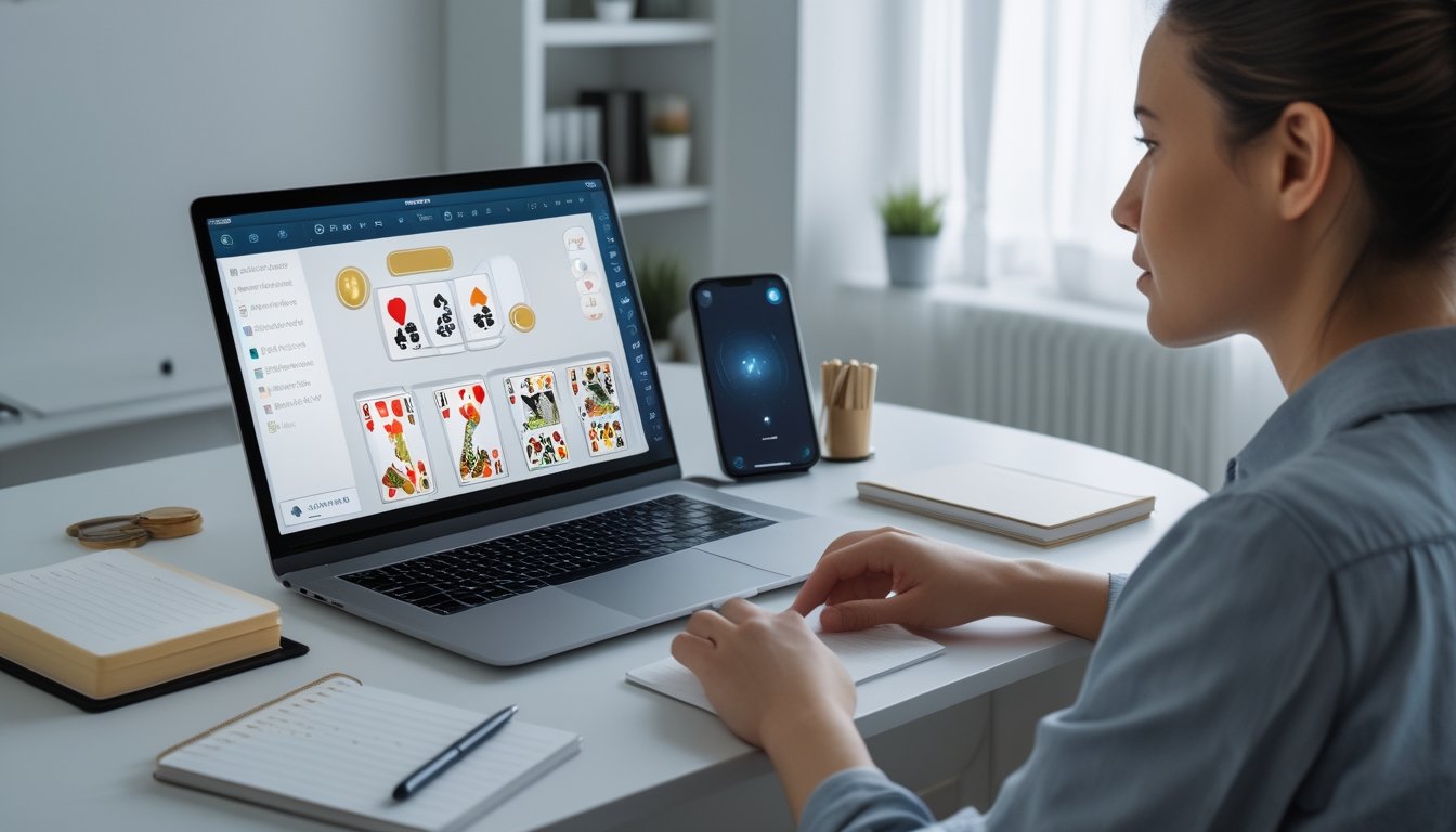 Seorang pemula mempelajari permainan kartu online di laptop dengan catatan strategi di meja.