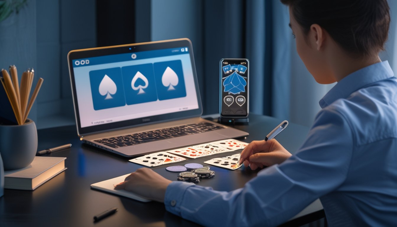 Seorang pemula mempelajari susunan kartu Capsa Royale di meja bersama laptop, ponsel, dan catatan.
