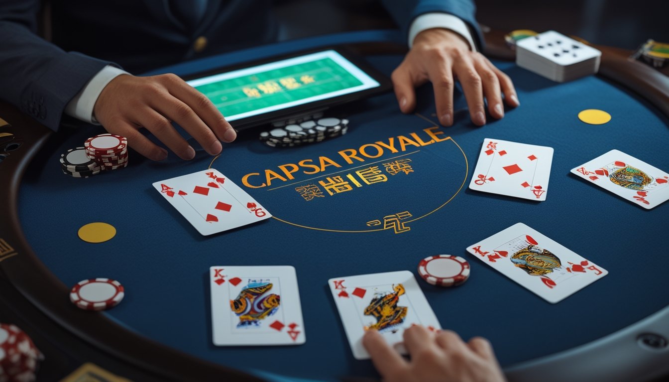 Susunan kartu Capsa Royale dan keping taruhan di atas meja dengan perangkat digital yang menampilkan permainan kartu.