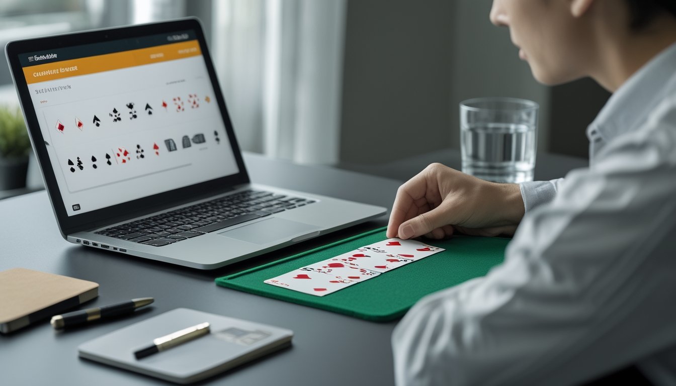 Pemain fokus menyusun kartu di meja sambil melihat permainan kartu digital di laptop.