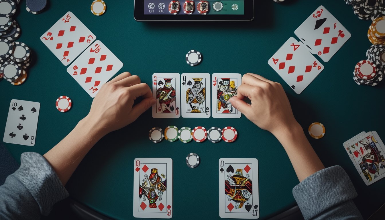 Kartu remi tersusun menjadi tiga kelompok di atas meja dengan keping poker, kalkulator, dan tablet.