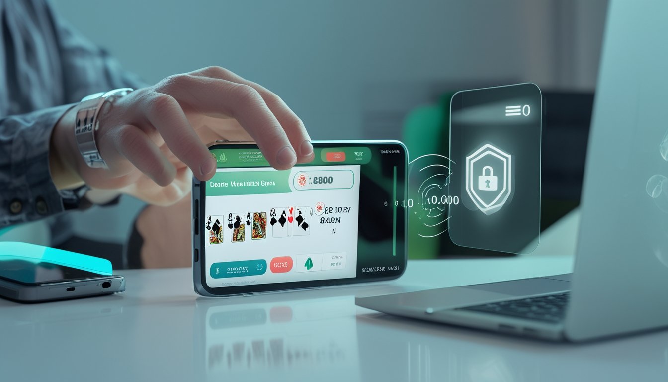 Seseorang menggunakan ponsel untuk mengelola pembayaran dompet digital pada permainan kartu online.