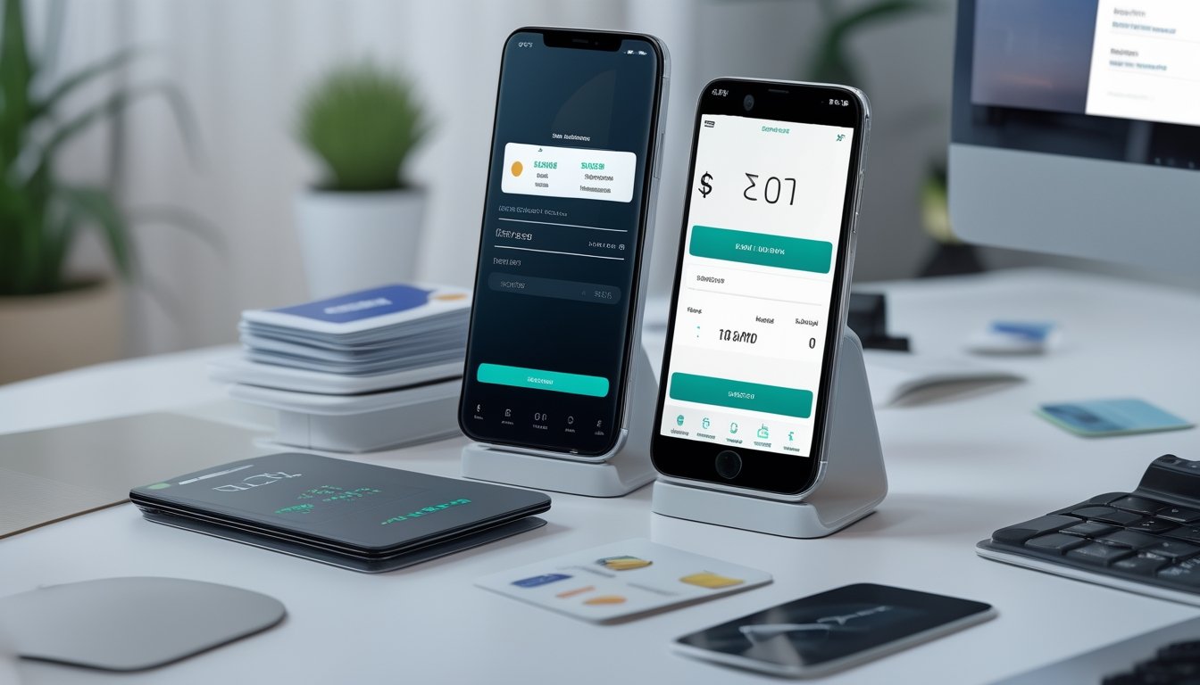 Dua ponsel dan perlengkapan pembayaran digital tertata di atas meja kerja.