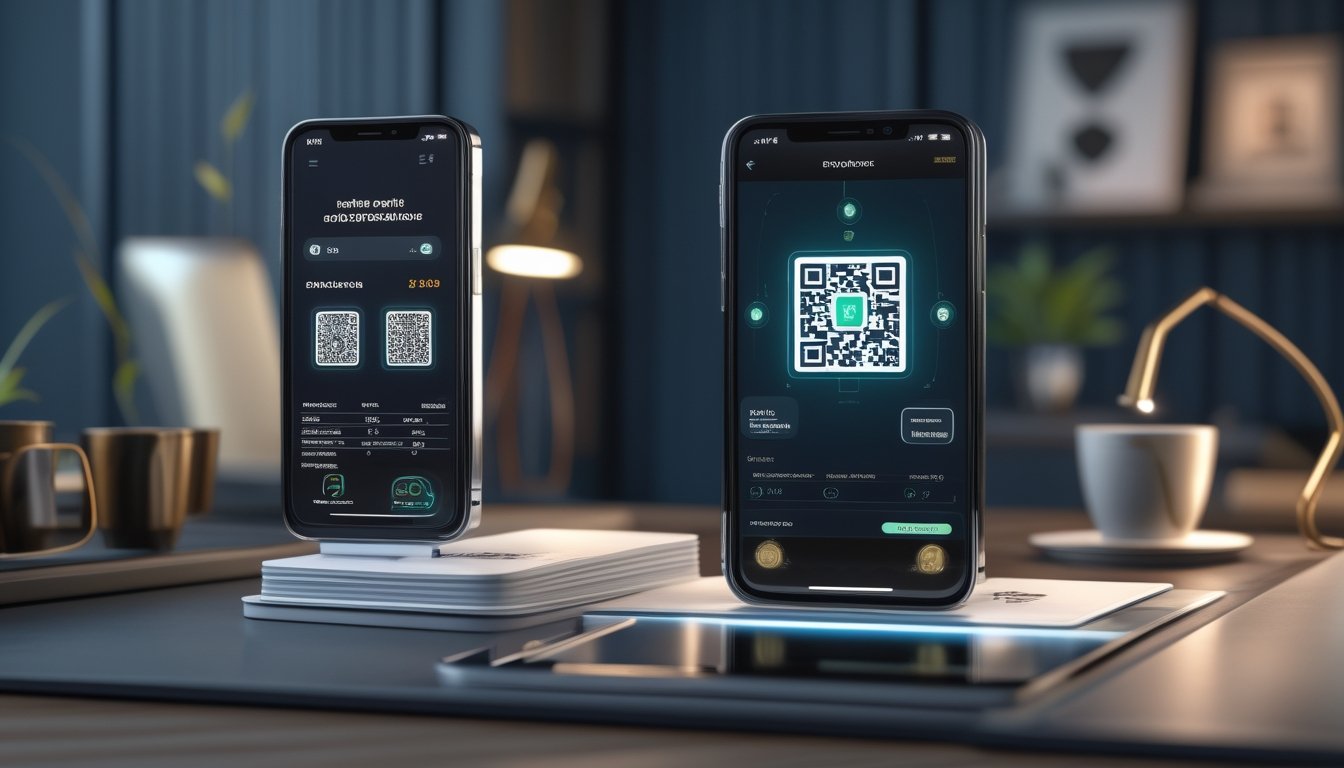 Ponsel menampilkan permainan kartu digital dan kode QR pembayaran di atas meja kerja modern.