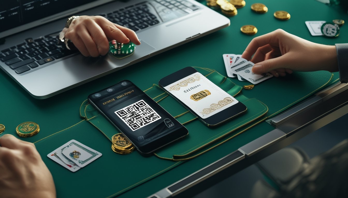Perangkat digital menampilkan permainan kartu Capsa Royale dan pembayaran QR di atas meja bernuansa hijau gelap.