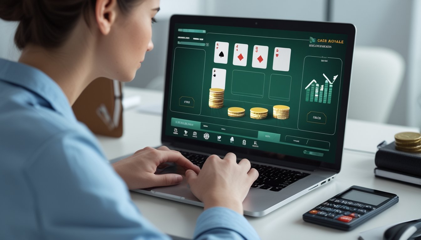 Seorang pria mengatur permainan kartu daring dengan laptop, chip, kalkulator, dan buku catatan di meja.