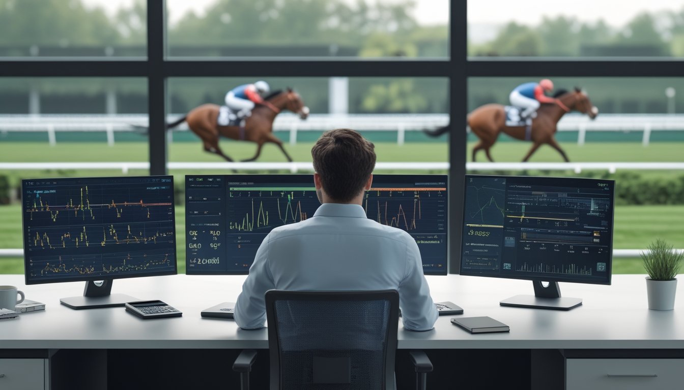 Seorang analis mempelajari data pacuan kuda di meja kerja dengan lintasan balap dan kuda berlari di latar belakang.