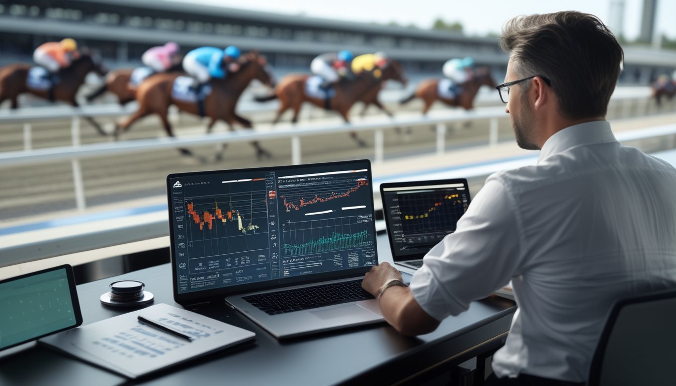 Seorang analis mengamati pacuan kuda sambil membandingkan data pada perangkat digital di dekat lintasan.