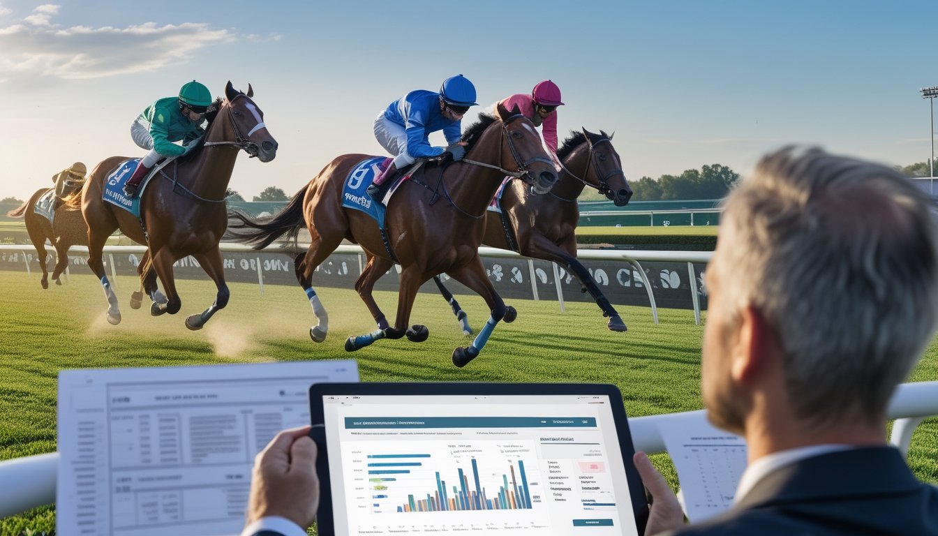 Seorang analis mengamati pacuan beberapa kuda thoroughbred di lintasan hijau.