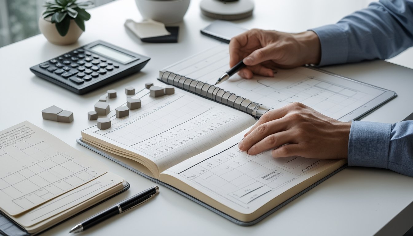 Tangan seorang analis meninjau angka dan grafik probabilitas di meja kerja modern.