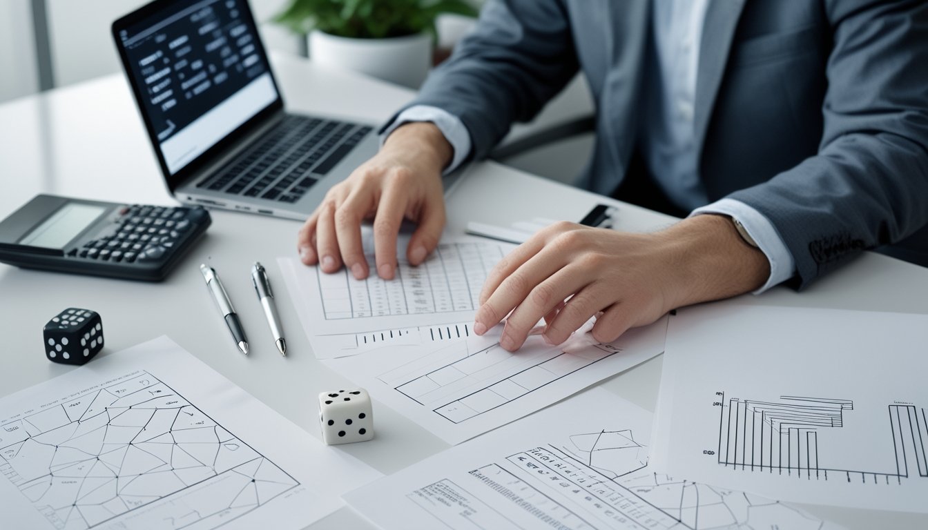 Tangan seorang analis memeriksa kalkulator, diagram angka abstrak, dan grafik data di meja kerja modern.