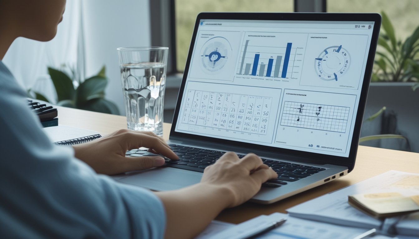 Seorang analis mempelajari grafik probabilitas dan pola angka acak di meja kerja.