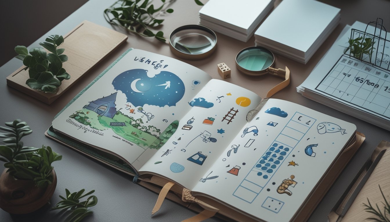 Buku jurnal terbuka berisi ilustrasi simbol mimpi dikelilingi kartu kosong, pensil, kaca pembesar, dan hiasan tanaman di atas meja.