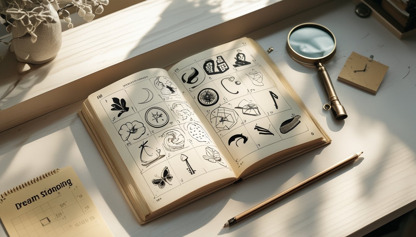Buku ilustrasi terbuka di atas meja dengan simbol mimpi dan perlengkapan menulis di sekitarnya.