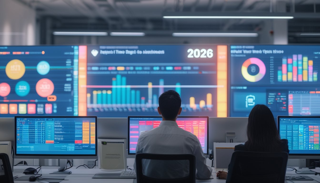 Tim analis bekerja di depan layar yang menampilkan visualisasi data dan angka abstrak.