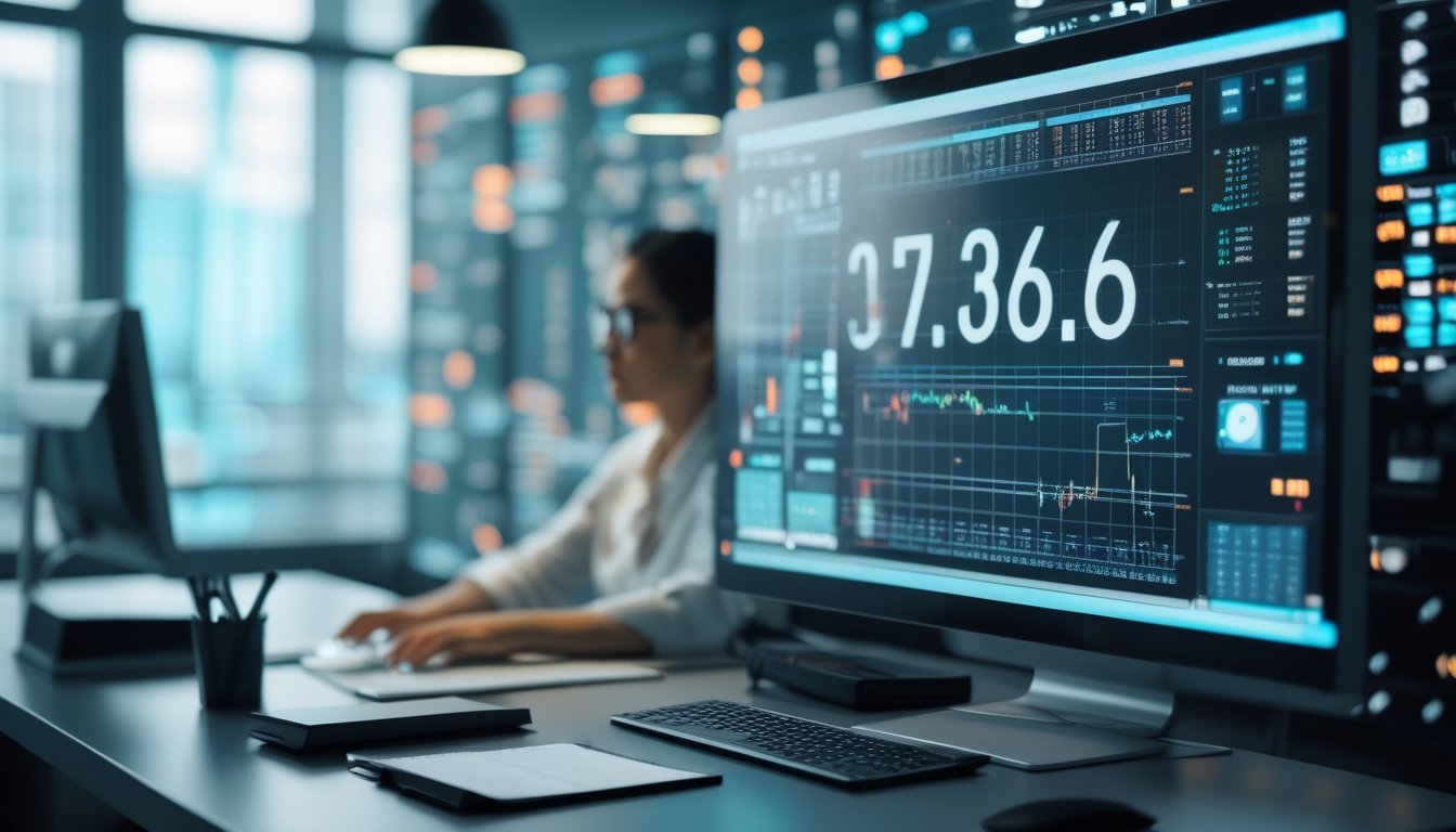 Seorang analis mempelajari pola angka dan grafik data pada monitor di ruang kerja modern.