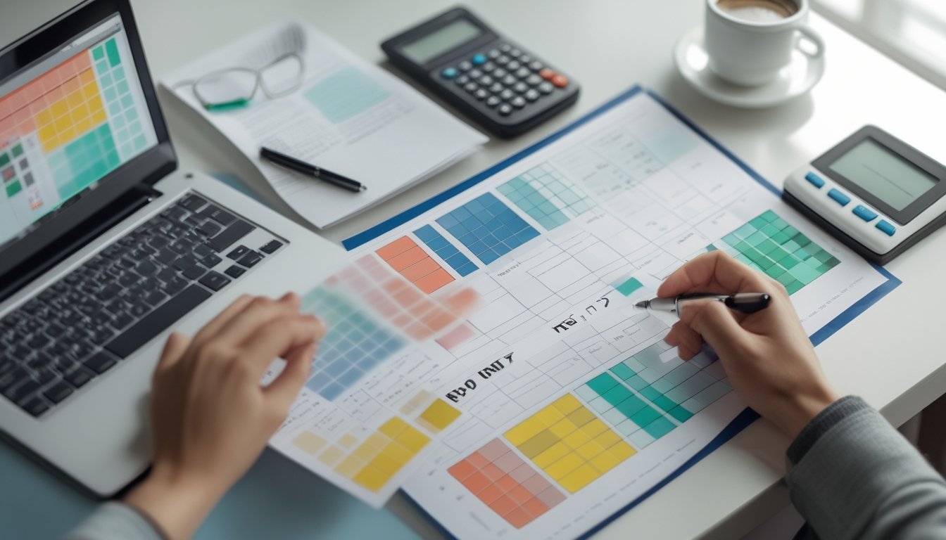 Meja kerja dengan laptop dan lembar data berpola warna yang sedang dianalisis.