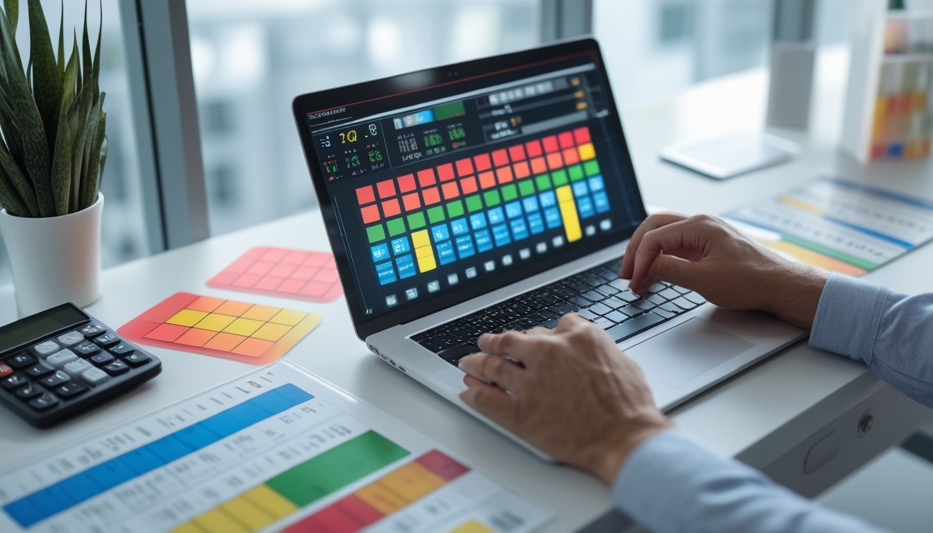 Seseorang menganalisis pola angka berwarna di laptop dengan kartu data dan kalkulator di meja.