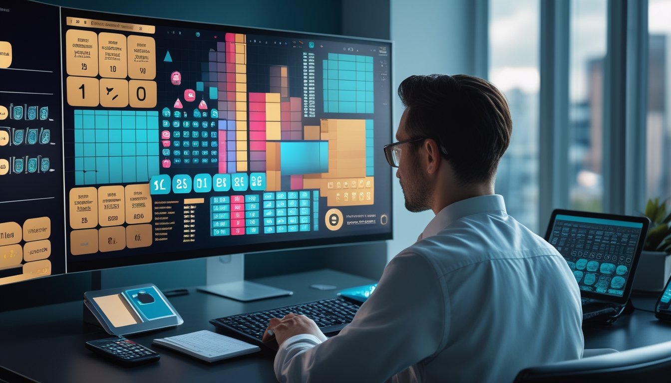Seorang analis mengamati dashboard pola angka abstrak pada monitor di meja kerja modern.