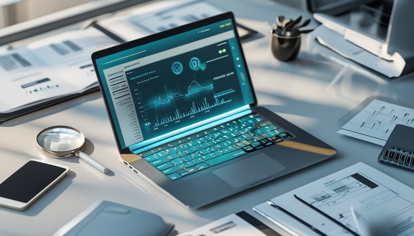 Laptop dan ponsel menampilkan analisis digital dengan simbol verifikasi dan keamanan di meja kerja modern.