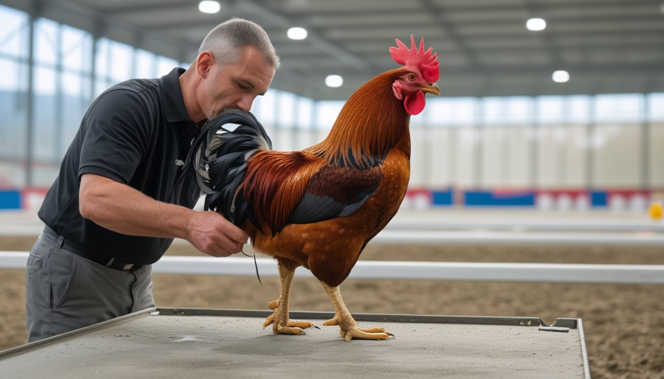 Seorang ahli memeriksa kaki ayam jantan dengan hati-hati di arena yang tertata rapi.