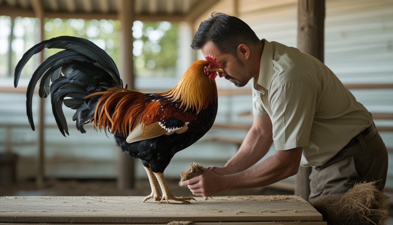 Seorang pawang memeriksa jalu ayam jantan dengan hati-hati di area penilaian yang bersih.
