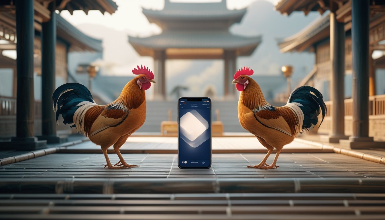 Dua ayam jantan yang terawat berdiri tenang di arena tradisional Asia Tenggara dengan elemen teknologi modern.