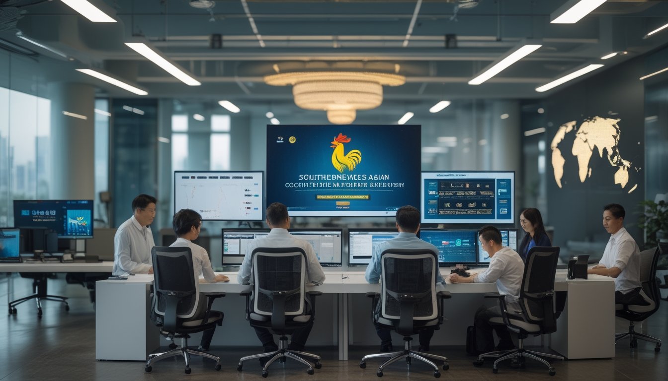 Tim profesional bekerja di ruang kantor modern dengan layar analitik digital dan peta Asia Tenggara.