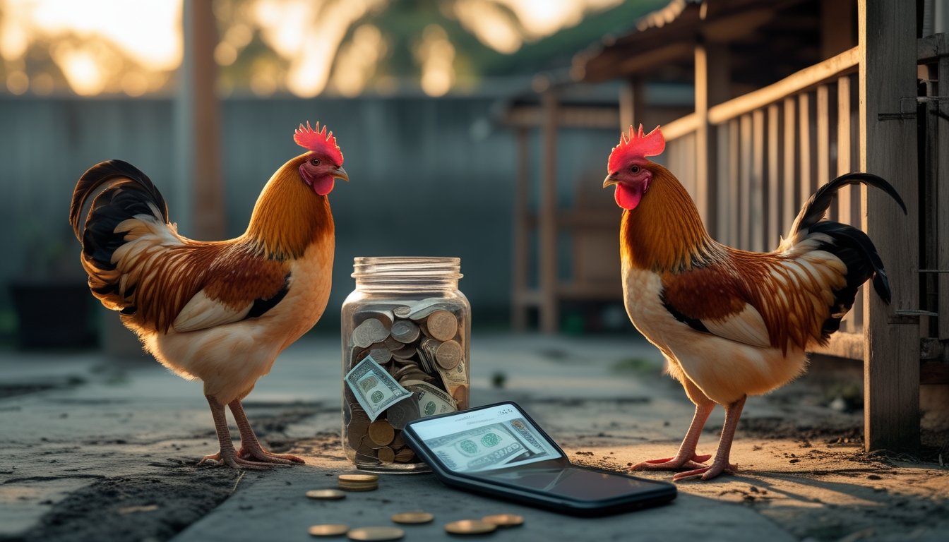Dua ayam jantan sehat berada di kandang terpisah dekat toples berisi uang rupiah di halaman pedesaan.