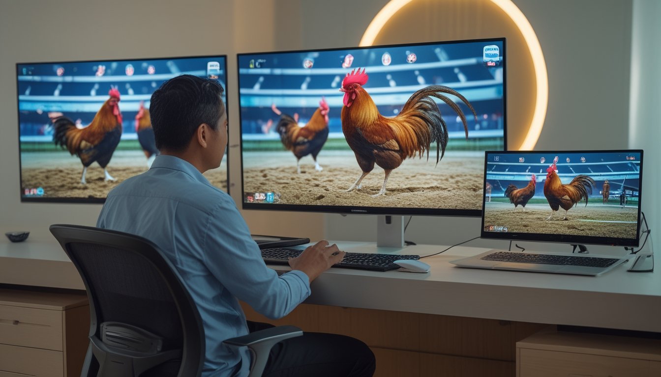 Seseorang menonton siaran langsung pertandingan ayam jago melalui komputer di ruang modern.