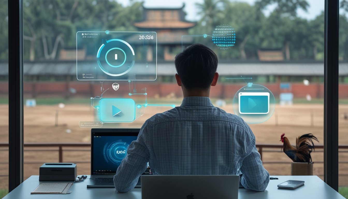 Seseorang mengakses platform siaran langsung melalui laptop dan ponsel dengan simbol koneksi aman.