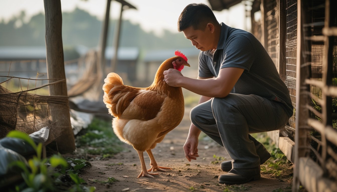 Seorang peternak memeriksa ayam Bangkok yang sehat di lingkungan kandang pedesaan.