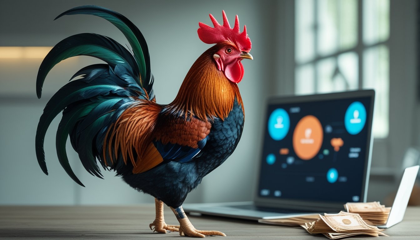 Ayam jantan sehat berdiri di lingkungan pedesaan modern dengan perangkat digital di latar belakang.