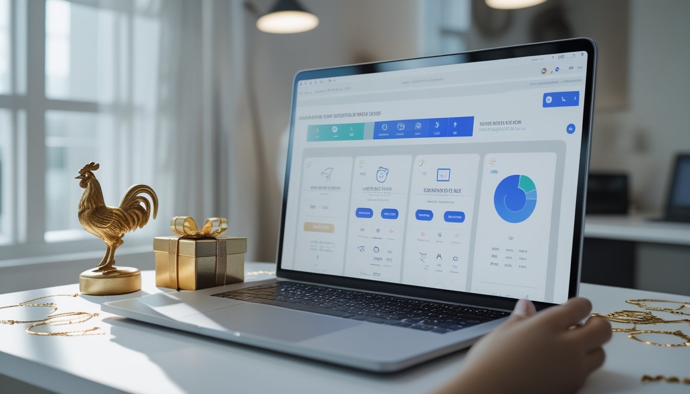Perangkat digital menampilkan platform abstrak di samping kotak hadiah dan hiasan ayam dekoratif.
