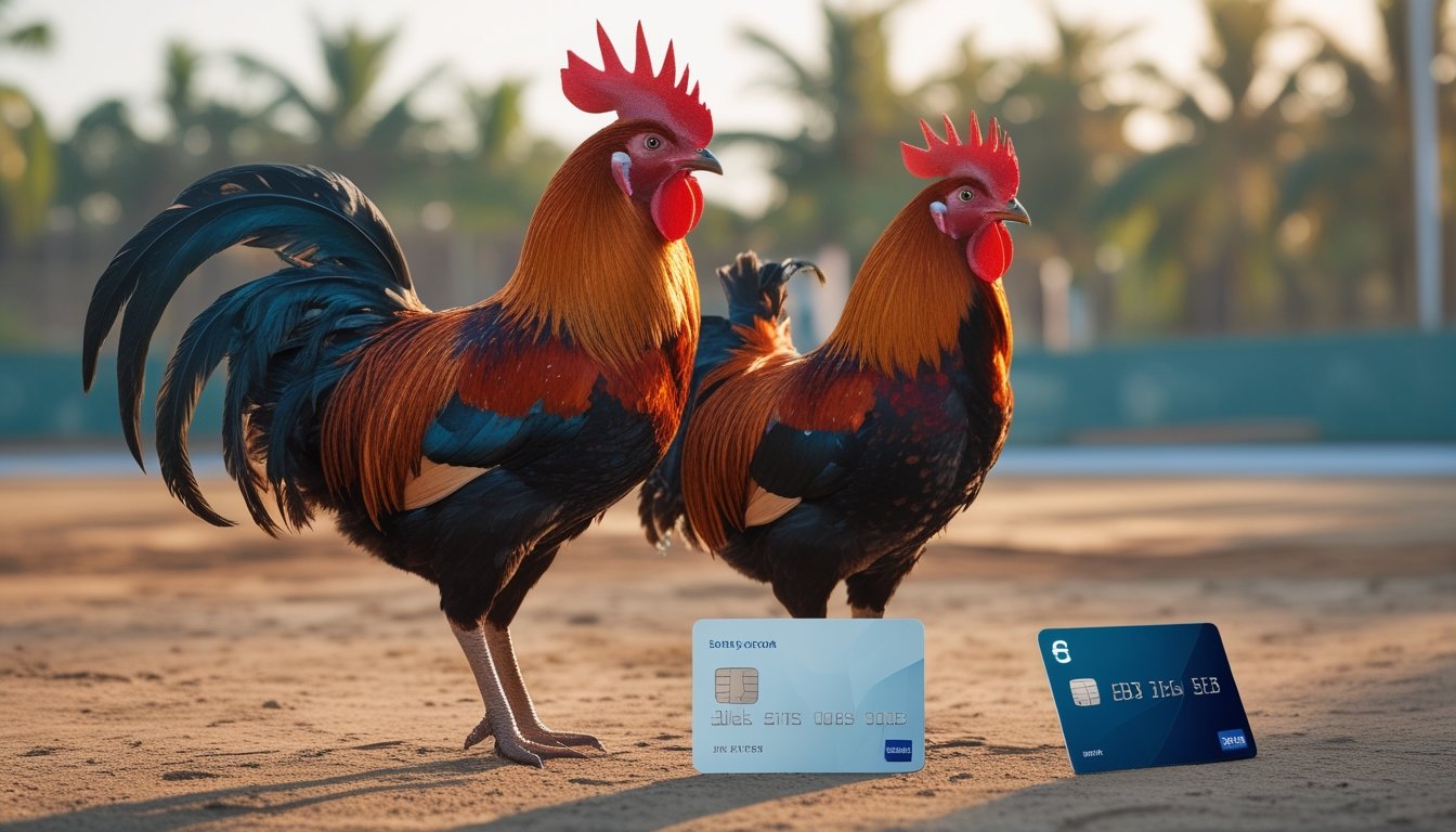 Dua ayam jantan berdiri tenang di lingkungan tropis dengan ponsel, kartu bank, dan dompet digital di bagian depan.