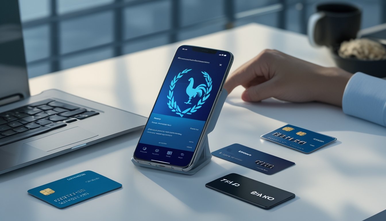 Ponsel dan laptop menampilkan antarmuka hiburan digital di samping kartu bank dan simbol pembayaran elektronik.