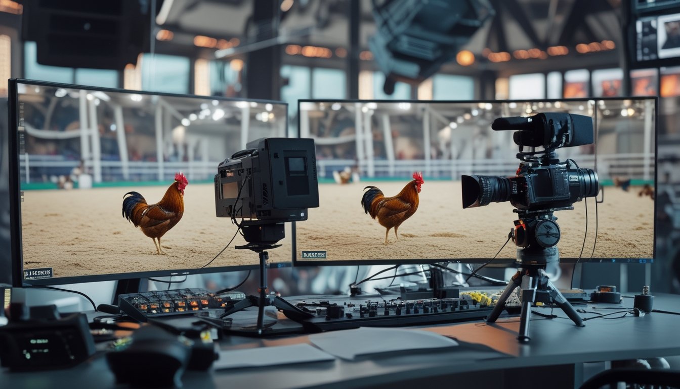 Ruang kontrol siaran modern menampilkan arena ayam jantan dengan peralatan kamera dan penyiaran profesional.