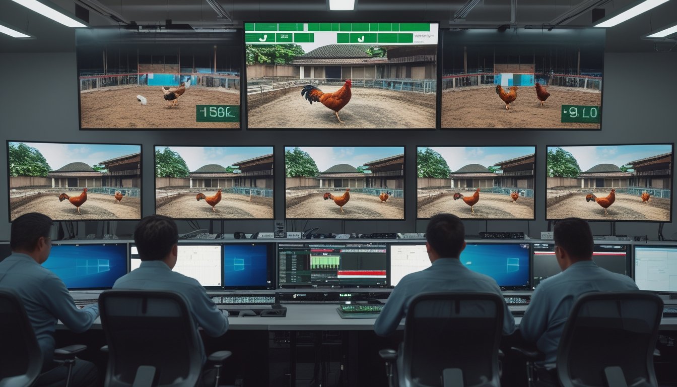 Ruang kendali siaran langsung modern dengan operator memantau tayangan arena tradisional dari beberapa layar.