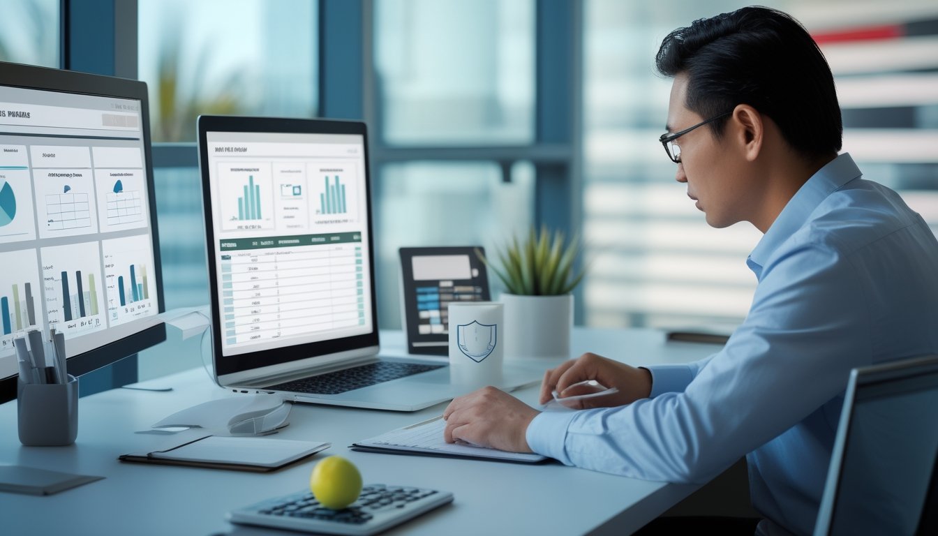 Seorang analis dewasa meninjau dokumen risiko dan grafik keuangan di meja kerja modern.