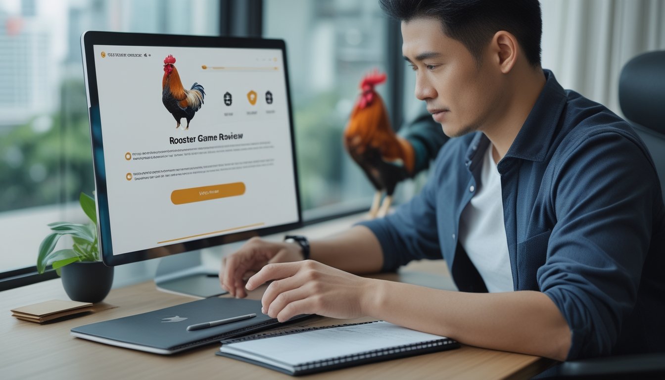 Seorang pengulas menilai platform permainan ayam melalui laptop dan ponsel di ruang kerja modern, dengan ayam jantan tampak di latar belakang.