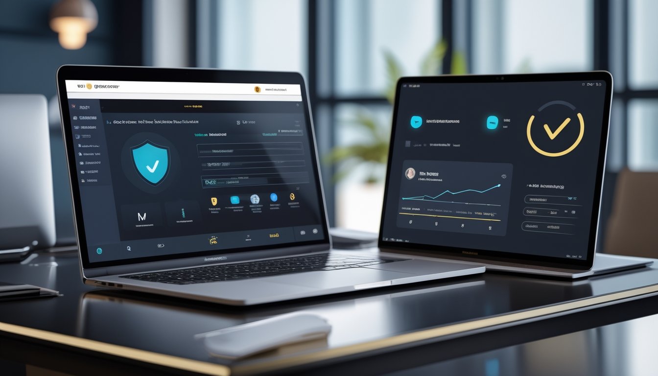 Laptop dan ponsel menampilkan antarmuka digital abstrak dengan simbol keamanan di meja kerja modern.