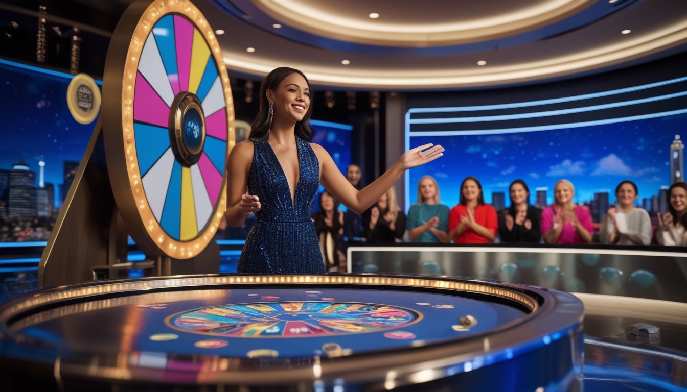 Pembawa acara dan peserta dewasa menikmati permainan roda keberuntungan di studio game show kasino yang modern dan penuh warna.